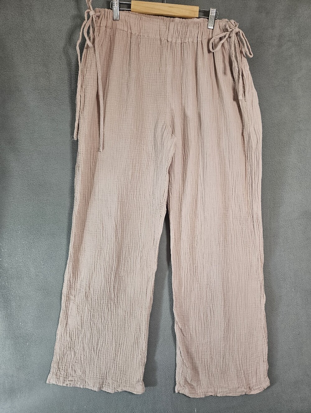 Just Living Women XL Wide-leg Crinkle Pants High-Rise Cotton Side Ties Lagenlook